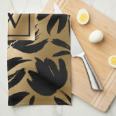 Linge De Cuisine Pinceau Floral noir et or (Quart Plié)