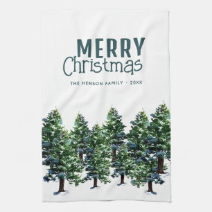 Linge De Cuisine Pine Arbre avec Aquarelle de neige Peinture Noël