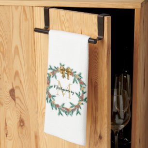 Linge De Cuisine Pinécone rustique   Monogramme de couronne de No