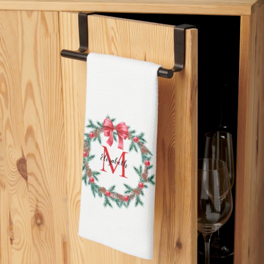 Linge De Cuisine Pinécone rustique | Monogramme de couronne de Noël (Pliage en tiers)