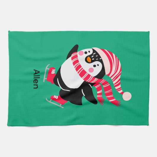 Linge De Cuisine Pingouin de Noël dans un Casquette et écharpe sur (Horizontal)