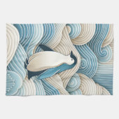Linge De Cuisine Pingouin En Crème Bleu Vagues Abstraites (Horizontal)