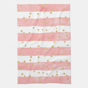Linge De Cuisine Pink Blush Stripes with Faux Gold Confeti