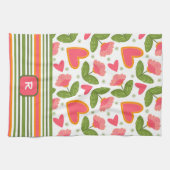 Linge De Cuisine Pink Fun Chic Monogramme Floral initial rayé (Horizontal)