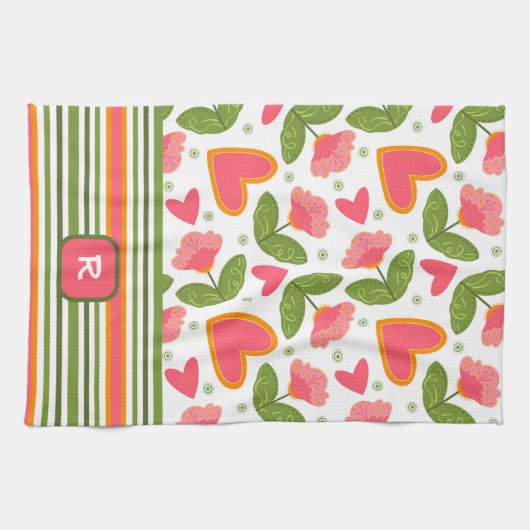 Linge De Cuisine Pink Fun Chic Monogramme Floral initial rayé (Horizontal)