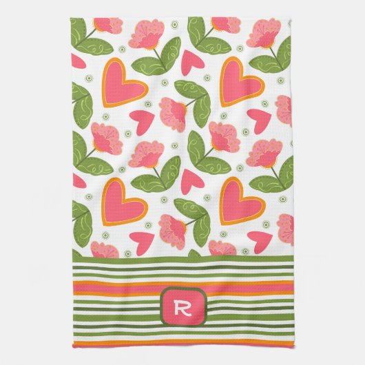 Linge De Cuisine Pink Fun Chic Monogramme Floral initial rayé (Vertical)