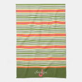 Linge De Cuisine Pink Green Modern Stripe élégant Nom initial (Vertical)