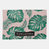 Linge De Cuisine Pink & Green Palm Feuille Motif & nom (Horizontal)