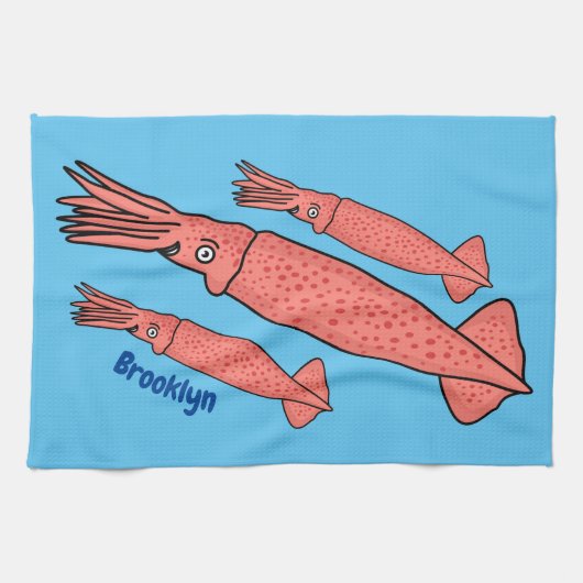 Linge De Cuisine Pink happy squid cartoon illustration (Horizontal)
