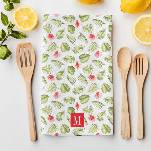 Linge De Cuisine Pink Monogramme Tropical Palm Feuille Motif