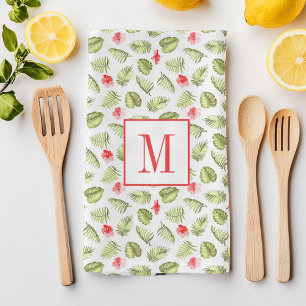 Linge De Cuisine Pink Monogramme Tropical Palm Feuille Motif