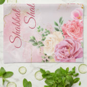 Linge De Cuisine PInk Roses blanches sur Shabbat d'aquarelle de mar (Plié)