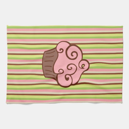 Linge De Cuisine Pink Striped Cupcake Kitchen Towel  (Horizontal)