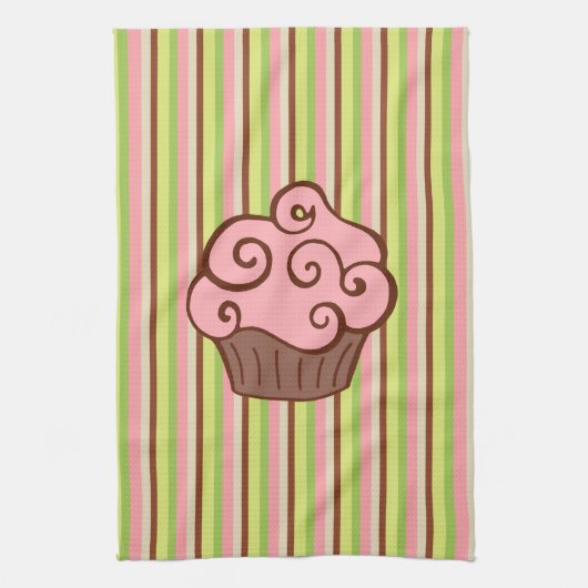 Linge De Cuisine Pink Striped Cupcake Kitchen Towel  (Vertical)