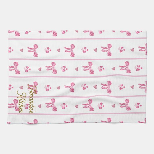 Linge De Cuisine Pink Watercolor Bow Stripes Coquette Esthétique (Horizontal)
