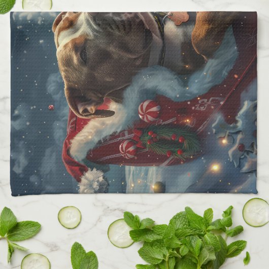 Linge De Cuisine Pitbull Chien Festif de Noël (Plié)