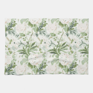 Linge De Cuisine Pivoine Florale Vert de Mousse, Fond Blanc Doux