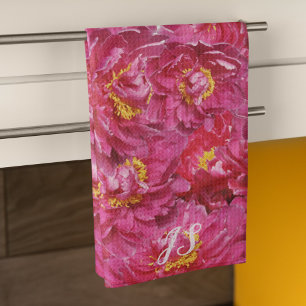 Linge De Cuisine Pivoine Rose Élégante Monogramme Calligraphique St