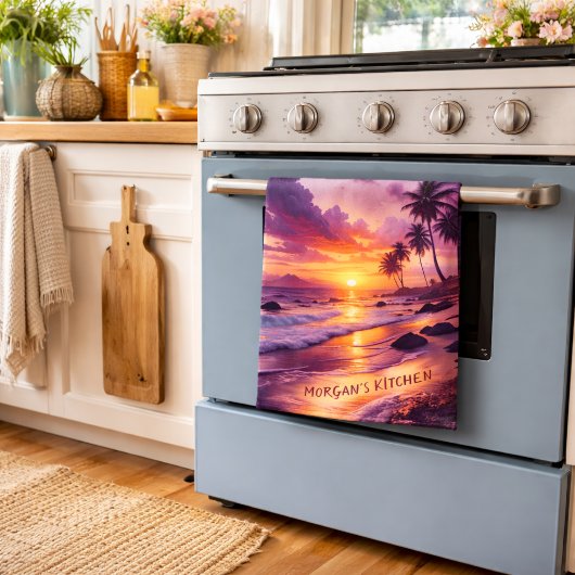 Linge De Cuisine Plage de coucher de soleil tropicale customisée - 