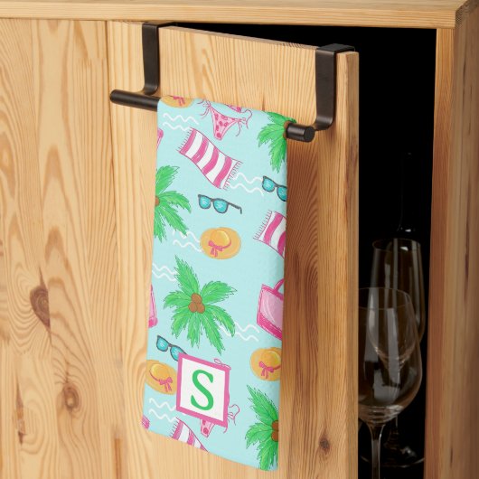 Linge De Cuisine Plage de Preppy Monogramme bleu (Pliage en tiers)
