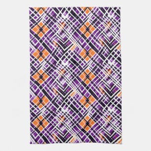 Linge De Cuisine Plaid Halloween Géométrique - Violet, Orange, Blan