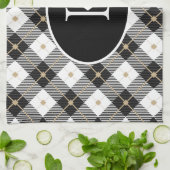 Linge De Cuisine Plaid noir blanc or personnalisé avec monogramme (Plié)