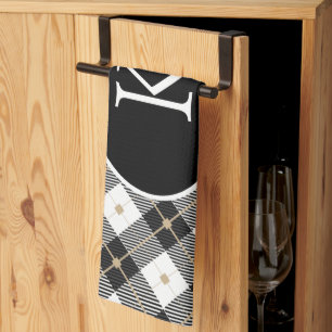 Linge De Cuisine Plaid noir blanc or personnalisé avec monogramme