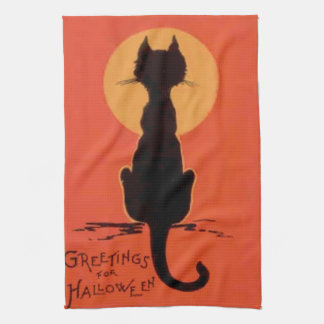 Linge De Cuisine Pleine lune de chat noir Jaune Orange
