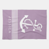 Linge De Cuisine Plum Purple & Blancs Avec Ancre Nautique (Horizontal)