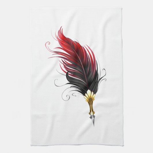 Linge De Cuisine Plume rouge avec pointe en or (Vertical)