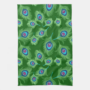 Linge De Cuisine Plumes de chaux et de paon bleu sur vert émeraude