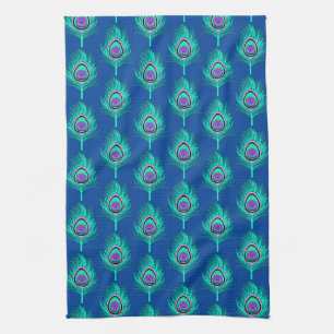 Linge De Cuisine Plumes de paon, Aqua sur le bleu profond de Cobalt