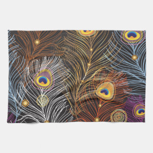 Linge De Cuisine Plumes de paon doré : motif foncé.