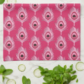 Linge De Cuisine Plumes de paon, rose pastel sur rose Fuchsia (Plié)