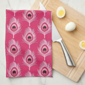 Linge De Cuisine Plumes de paon, rose pastel sur rose Fuchsia (Quart Plié)