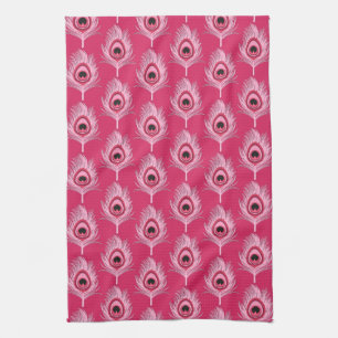 Linge De Cuisine Plumes de paon, rose pastel sur rose Fuchsia