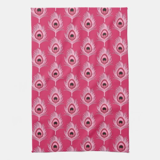 Linge De Cuisine Plumes de paon, rose pastel sur rose Fuchsia (Vertical)
