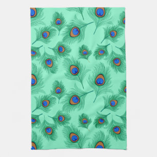 Linge De Cuisine Plumes de paon turquoise sur Aqua clair