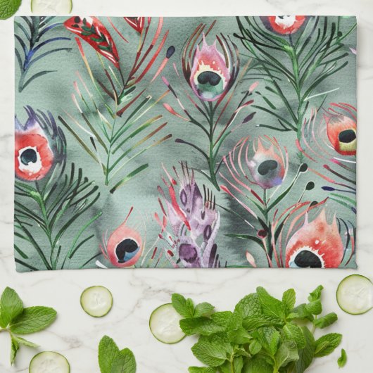 Linge De Cuisine Plumes de paon vert rouge (Plié)