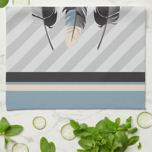 Linge De Cuisine Plumes en crème, gris et bleu (Plié)