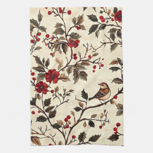Linge De Cuisine Poinsettia Vintage Oiseau Noël Crème Rouge