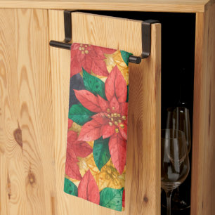 Linge De Cuisine Poinsettias Rouge et Or Noël de Noël