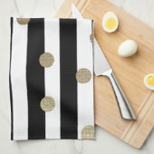 Linge De Cuisine Point et bande noirs, blancs et dorés (Quart Plié)