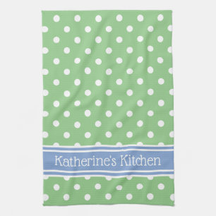 Linge De Cuisine Pointe Polka verte et blanche avec bleu personnali