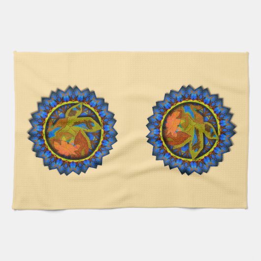 Linge De Cuisine Points Bleus Cerclés Feuilles Automne (Horizontal)