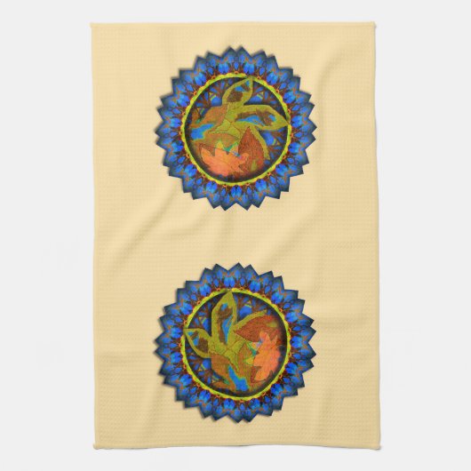 Linge De Cuisine Points Bleus Cerclés Feuilles Automne (Vertical)