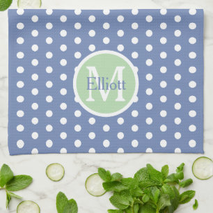 Linge De Cuisine Points Bleus et Blancs avec Monogramme Vert