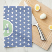Linge De Cuisine Points Bleus et Blancs avec Monogramme Vert (Quart Plié)