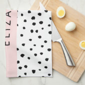 Linge De Cuisine Points dalmatiens, Spots, Noir et Blanc, Votre nom (Quart Plié)