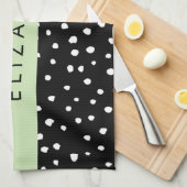 Linge De Cuisine Points dalmatiens, Spots, Noir et Blanc, Votre nom (Quart Plié)